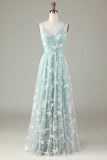 Robe de demoiselle d'honneur matcha en tulle à bretelles spaghetti avec Appliques