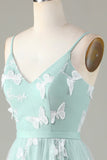 Robe de demoiselle d'honneur matcha en tulle à bretelles spaghetti avec Appliques