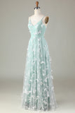 Robe de demoiselle d'honneur matcha en tulle à bretelles spaghetti avec Appliques