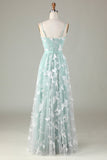 Robe de demoiselle d'honneur matcha en tulle à bretelles spaghetti avec Appliques