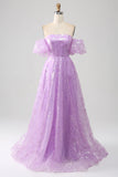 Robe de bal longue à paillettes scintillantes sans bretelles lilas A Line