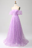 Robe de bal longue à paillettes scintillantes sans bretelles lilas A Line