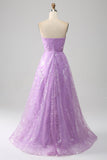 Robe de bal longue à paillettes scintillantes sans bretelles lilas A Line