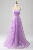 Robe de bal longue à paillettes scintillantes sans bretelles lilas A Line