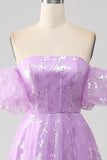 Robe de bal longue à paillettes scintillantes sans bretelles lilas A Line
