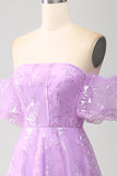Robe de bal longue à paillettes scintillantes sans bretelles lilas A Line