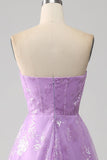 Robe de bal longue à paillettes scintillantes sans bretelles lilas A Line