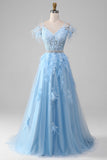 Robe de bal Corset d’accents de strass bleu clair A-ligne avec des appliques