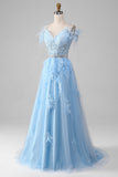 Robe de bal Corset d’accents de strass bleu clair A-ligne avec des appliques
