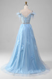 Robe de bal Corset d’accents de strass bleu clair A-ligne avec des appliques
