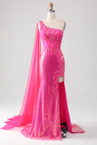 Robe de bal brillante Fuchsia sirène une épaule Appliques avec fente