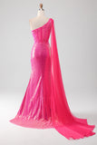 Robe de bal brillante Fuchsia sirène une épaule Appliques avec fente