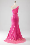 Robe de bal brillante Fuchsia sirène une épaule Appliques avec fente