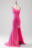 Robe de bal brillante Fuchsia sirène une épaule Appliques avec fente
