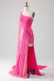 Robe de bal brillante Fuchsia sirène une épaule Appliques avec fente