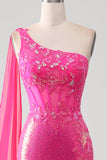 Robe de bal brillante Fuchsia sirène une épaule Appliques avec fente