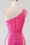 Robe de bal brillante Fuchsia sirène une épaule Appliques avec fente