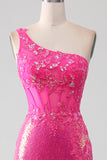 Robe de bal brillante Fuchsia sirène une épaule Appliques avec fente