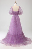 Robe de bal corset violet à col carré trapèze avec demi-manches
