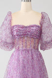 Robe de bal corset violet à col carré trapèze avec demi-manches