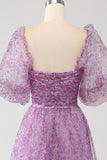Robe de bal corset violet à col carré trapèze avec demi-manches