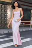 Robe de bal longue rose à bretelles spaghetti gaine tendance avec fente sur le devant
