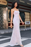 Robe de bal longue rose à bretelles spaghetti gaine tendance avec fente sur le devant