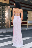 Robe de bal longue rose à bretelles spaghetti gaine tendance avec fente sur le devant