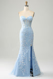 Robe de bal bleu clair sirène chérie Corset Appliques avec fente latérale