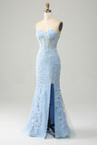 Robe de bal bleu clair sirène chérie Corset Appliques avec fente latérale