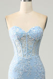 Robe de bal bleu clair sirène chérie Corset Appliques avec fente latérale