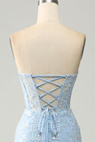 Robe de bal bleu clair sirène chérie Corset Appliques avec fente latérale
