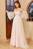 Robe de mariée à pois roses avec manches bouffantes