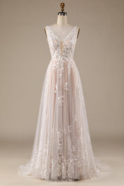 Champagne Col en V Dos Nu Tulle Robe de mariée avec dentelle