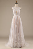 Champagne Col en V Dos Nu Tulle Robe de mariée avec dentelle