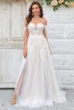 Beauté Une ligne sur l’épaule Champagne Tulle Robe de mariée détachable avec dentelle