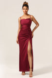 Fourreau Bretelles Spaghetti Bordeaux Robe de demoiselle d’honneur longue avec Avant fendu