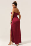 Fourreau Bretelles Spaghetti Bordeaux Robe de demoiselle d’honneur longue avec Avant fendu