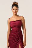 Fourreau Bretelles Spaghetti Bordeaux Robe de demoiselle d’honneur longue avec Avant fendu