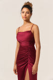 Fourreau Bretelles Spaghetti Bordeaux Robe de demoiselle d’honneur longue avec Avant fendu