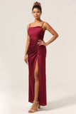 Sangles Spaghetti Sirène Simple Burgundy Robe de demoiselle d’honneur longue avec front fendu