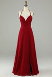 A-Line Halter Bourgogne Robe de demoiselle d’honneur longue avec fente