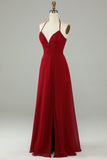 A-Line Halter Bourgogne Robe de demoiselle d’honneur longue avec fente
