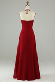 A-Line Halter Bourgogne Robe de demoiselle d’honneur longue avec fente