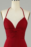 A-Line Halter Bourgogne Robe de demoiselle d’honneur longue avec fente