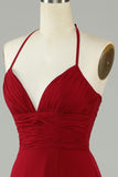 A-Line Halter Bourgogne Robe de demoiselle d’honneur longue avec fente