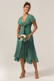 Une ligne col V manches courtes Eucalyptus robe demoiselle d’honneur avec nœud