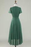 Une ligne col V manches courtes Eucalyptus robe demoiselle d’honneur avec nœud