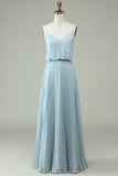 Mousseline de soie Bretelles Spaghetti Bleu Ciel Robe de demoiselle d’honneur longue