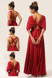 Beauté A-Line Halter Col Bourgogne Robe de demoiselle d’honneur longue avec Criss Cross Back
